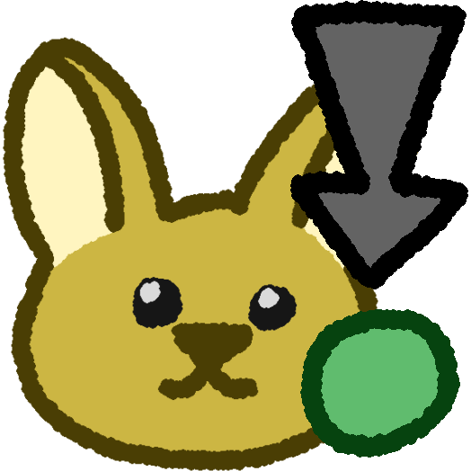 A cartoon yellow bunny head has a green ball next to them with a grey arrow pointing down at it.